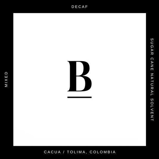 Blackboard Coffee Roasters, Blackboard Single Origin Decaf information card. Image shows a square infographic with the Blackboard logo in the centre, the product name along the top edge, the coffee origin along the bottom edge, and the processing method on the right edge. The Roast Collective.