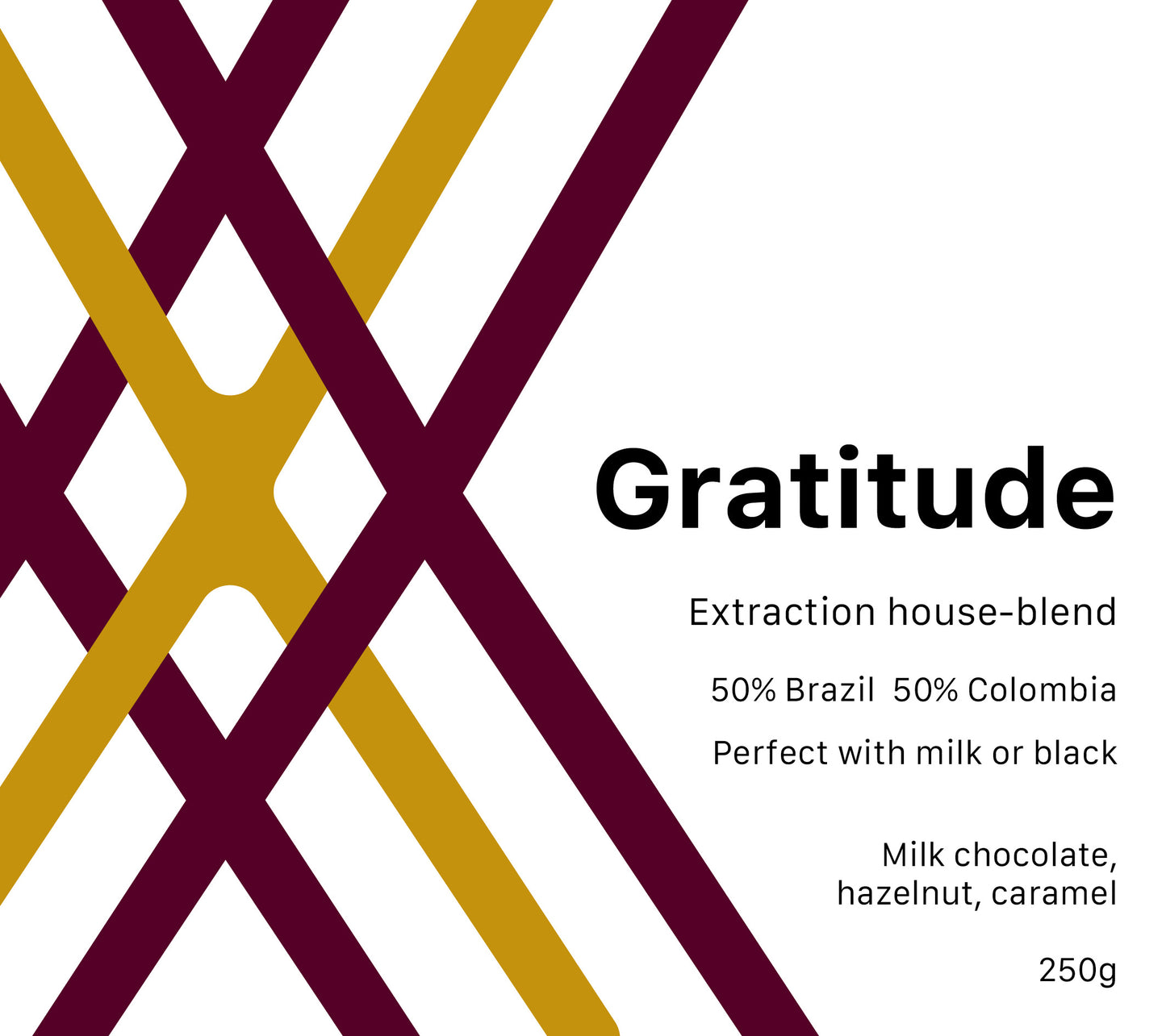Roasted coffee beans. Extraction Coffee Roasters, Gratitude Blend. Image is a product label for a 250g bag of gratitude. The Roast Collective.