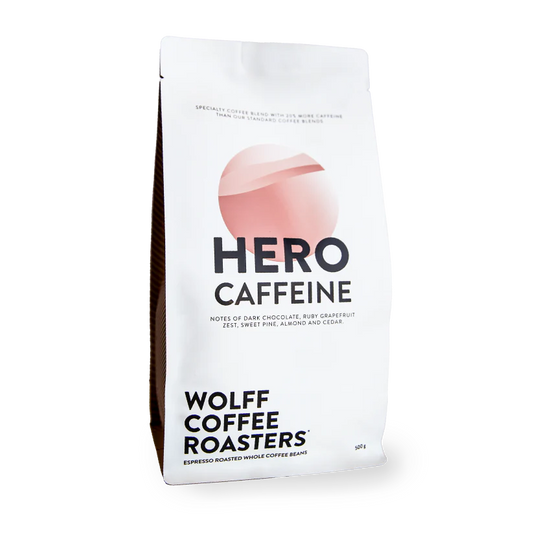 Roasted coffee beans. Wolff Coffee Roasters Hero Caffeine Blend, 500g bag. The Roast Collective