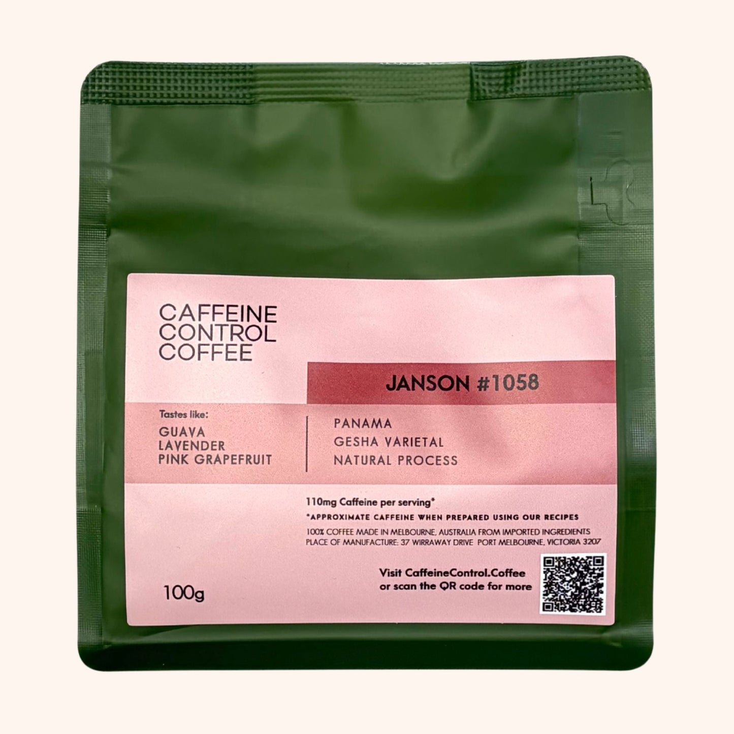 Caffeine Control Coffee package of Janson Gesha lot 1058