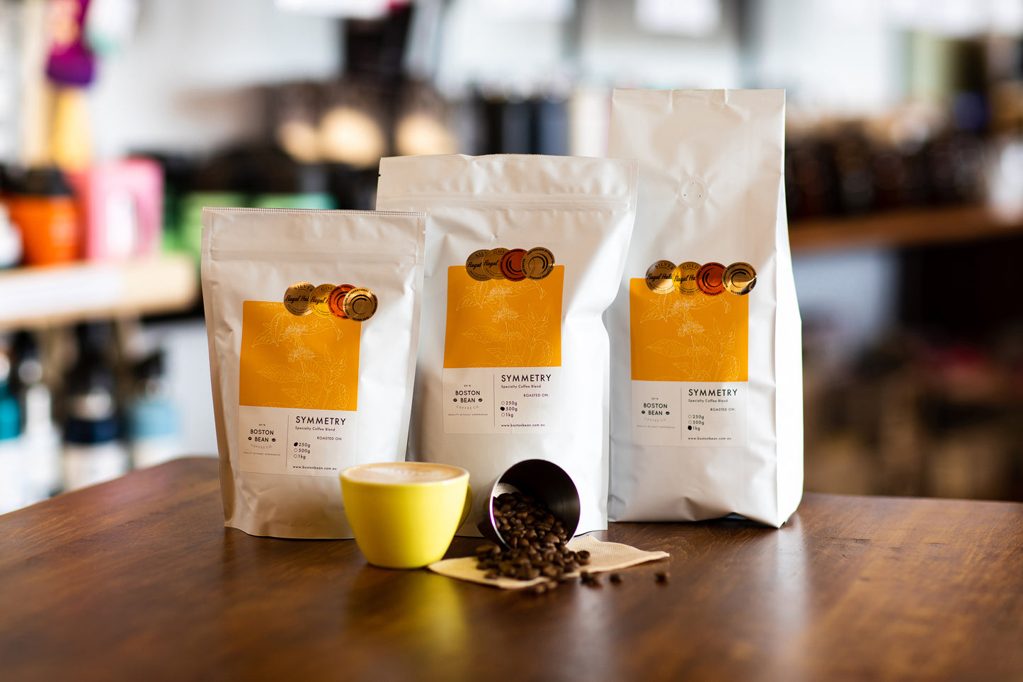 Roasted coffee beans The Boston Bean Coffee Co. Symmetry Blend 250g, 500g, and 1kg bags The Roast Collective