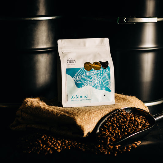 Roasted coffee beans The Boston Bean Coffee Co. X-Blend Blend 250g bag on coffee sack The Roast Collective