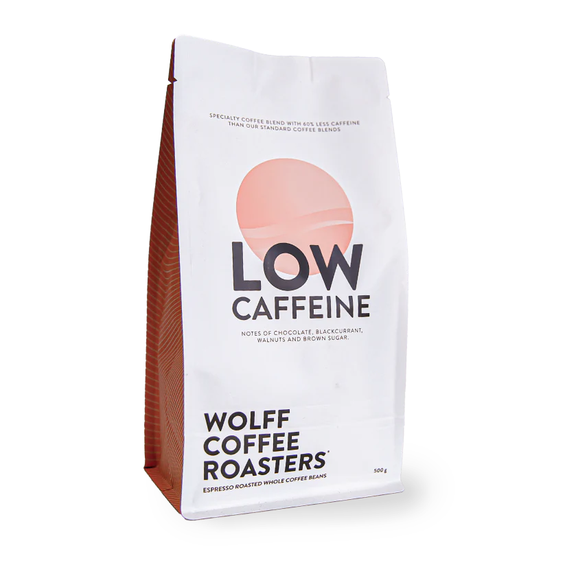 Roasted coffee beans. Wolff Coffee Roasters Low Caffeine Blend, 500g bag. The Roast Collective