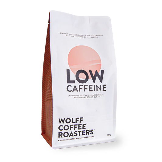 Roasted coffee beans. Wolff Coffee Roasters Low Caffeine Blend, 500g bag. The Roast Collective