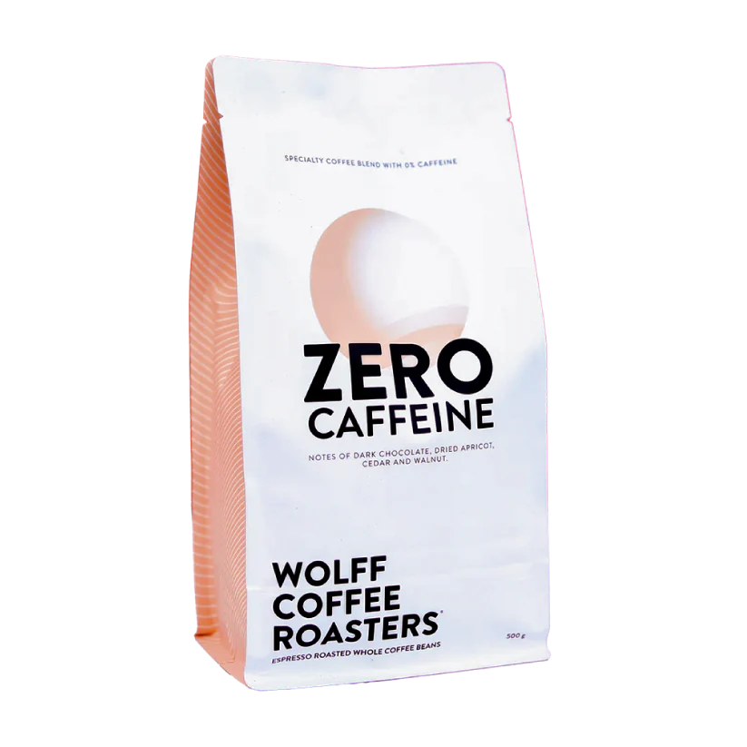 Roasted coffee beans. Wolff Coffee Roasters Zero Caffeine Blend 500g bag. The Roast Collective