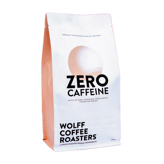 Roasted coffee beans. Wolff Coffee Roasters Zero Caffeine Blend 500g bag. The Roast Collective