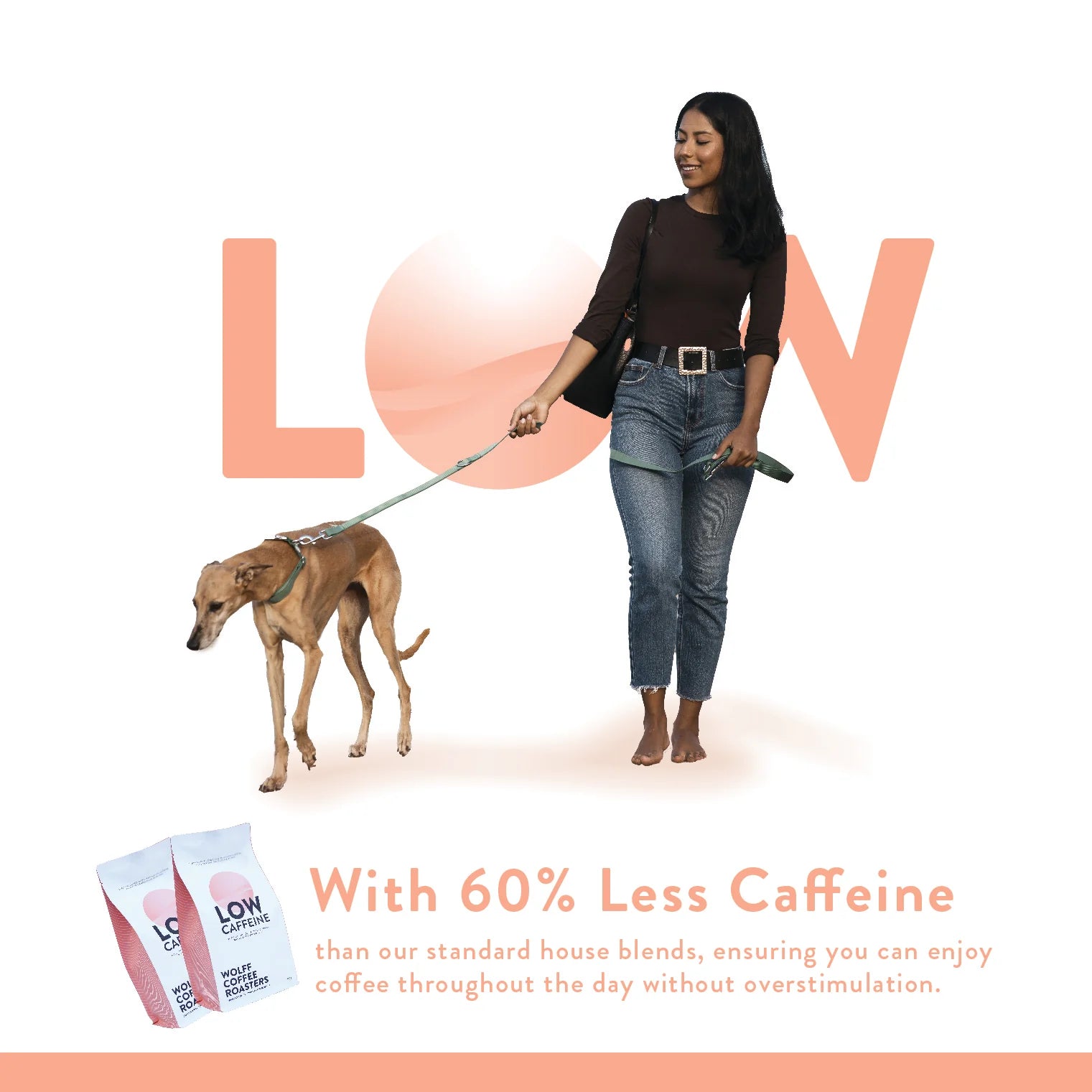 Wolff Coffee Roasters Low Caffeine Blend. Advertising flyer featuring a woman walking a dog. With 60% less caffeine than Wolff's other standard blends, ensuring you can enjoy coffee throughout the day without overstimulation. The Roast Collective