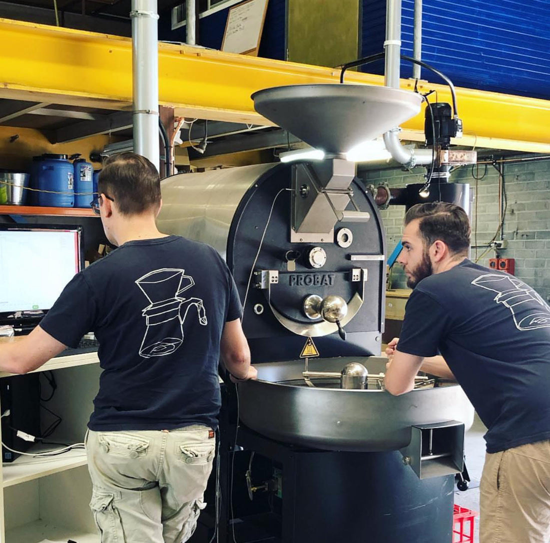 The team at Grace & Taylor Coffee Company hard at work on their Probat roaster. The Roast Collective partner roaster blog.