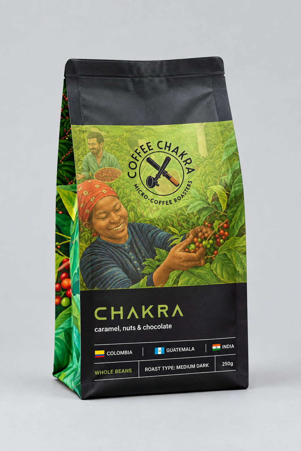 A 250g bag of Coffee Chakra Chakra coffee beans, featuring a dark green and black package with an illustration of a woman harvesting coffee cherries, displayed against a grey background.