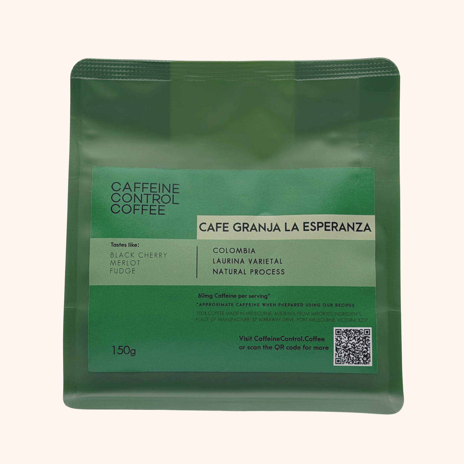 Green coffee package with 'Caffeine Control Coffee' branding on a white background