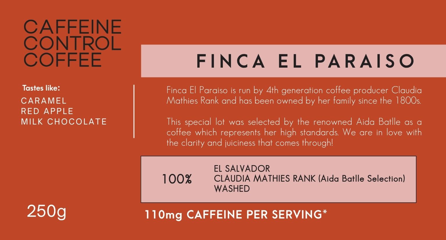 Caffeine Control Coffee packaging with details about Finca El Paraiso and coffee specifications.
