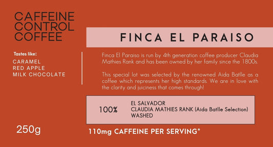 Caffeine Control Coffee packaging with details about Finca El Paraiso and coffee specifications.