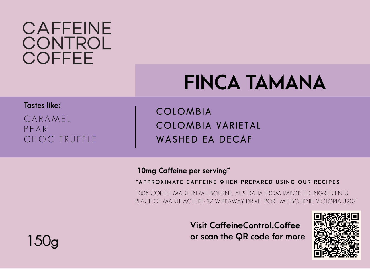 Caffeine Control Coffee package with 'Finca Tamana' branding on a light purple background