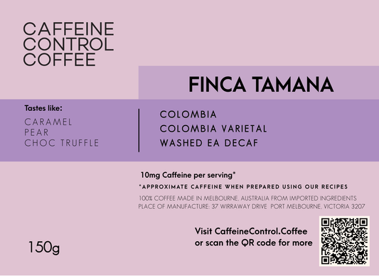 Caffeine Control Coffee package with 'Finca Tamana' branding on a light purple background