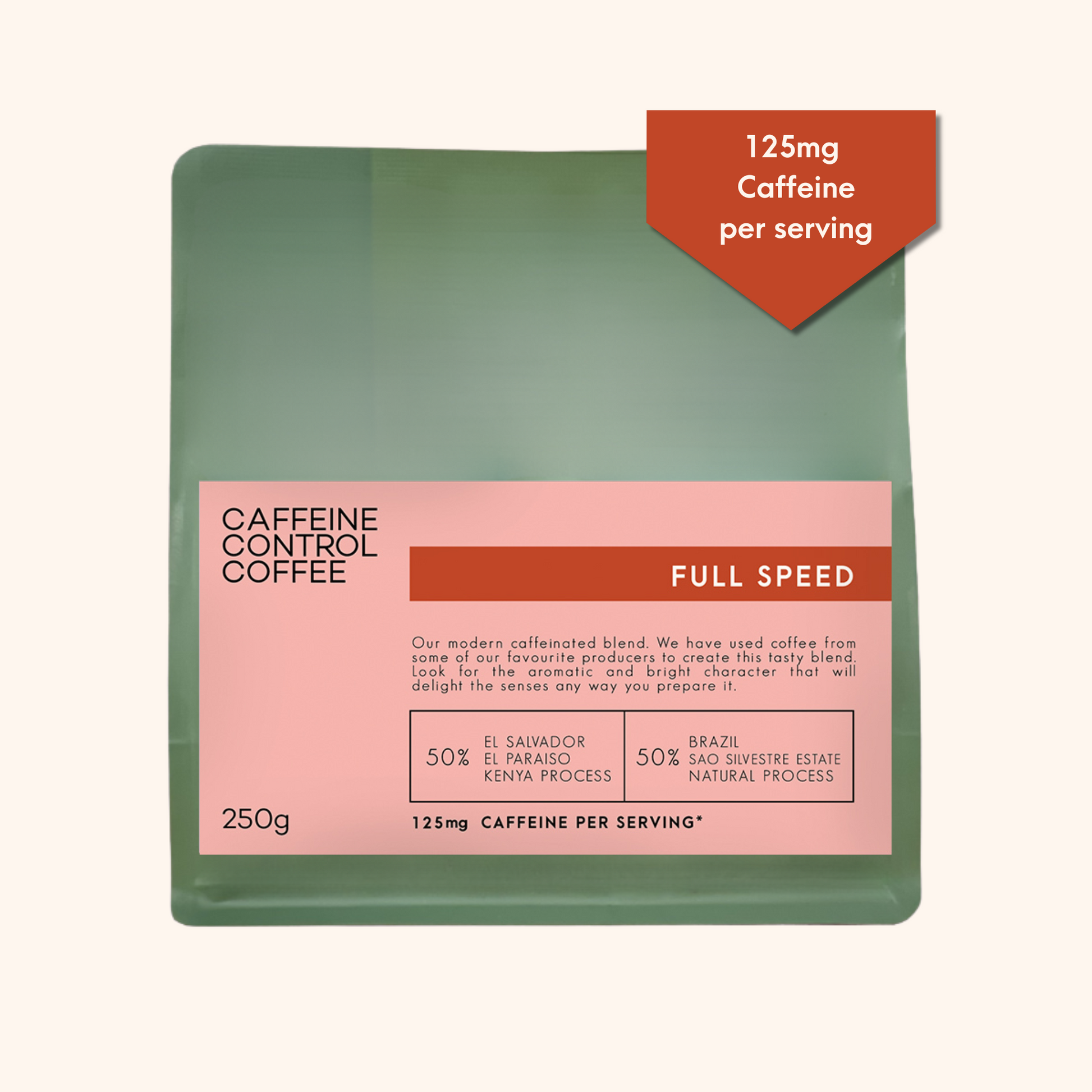 Bag of Full Speed Coffee Blend with caffeine reference