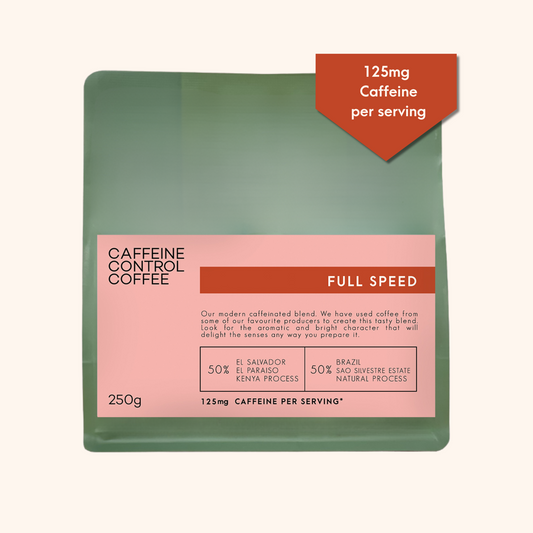 Bag of Full Speed Coffee Blend with caffeine reference