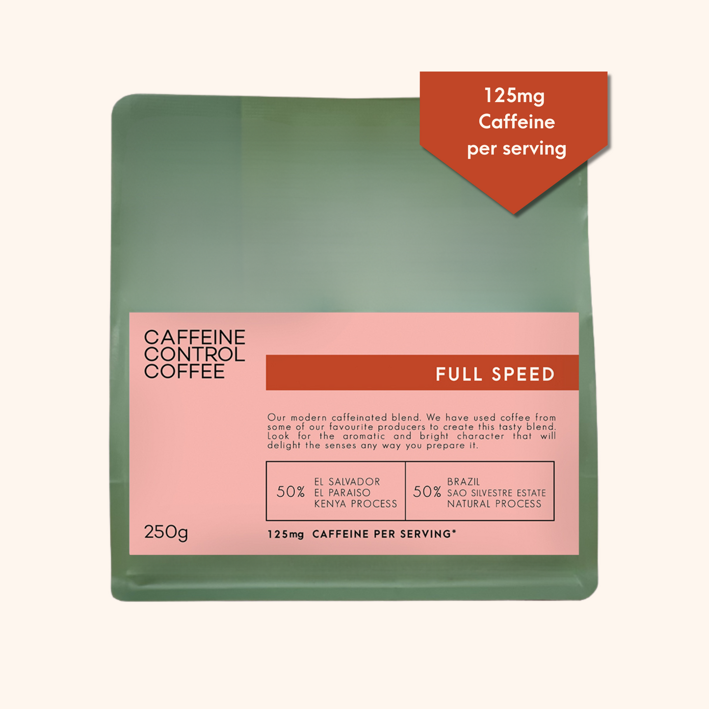 Bag of Full Speed Coffee Blend with caffeine reference