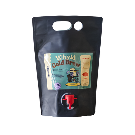 Ready to drink cold brew coffee from The Roast Collective. That's Whyld Coffee Roasters, Organic Cold Brew Goonie. Image shows a black 1.5L "goon bag" of  cold brew coffee against a solid white background. The bag has an ocean green coloured label centred in the middle of the bag with the product name and details details on it.