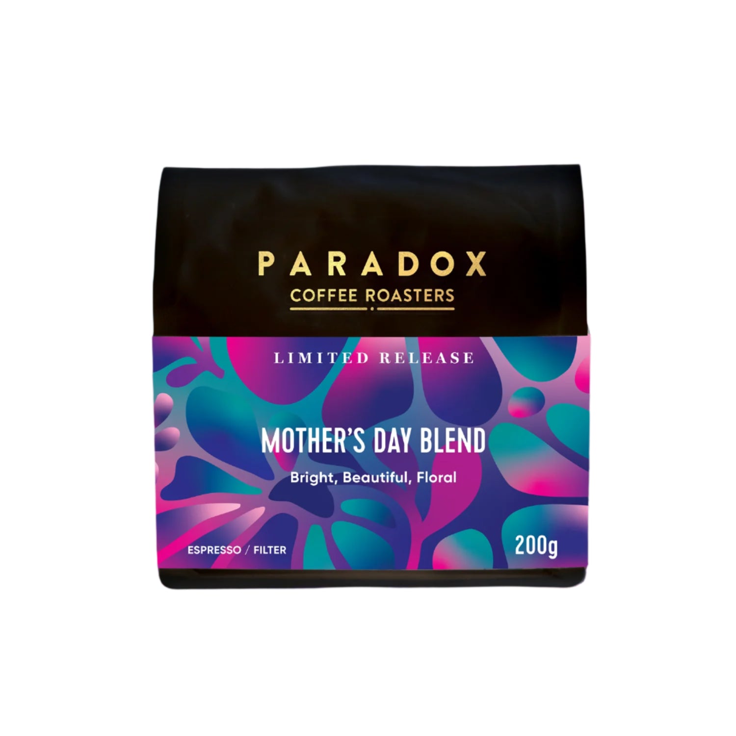 Roasted coffee beans. Paradox Coffee Roasters - Limited Edition Mother's Day Blend. Omni-roast: suitable for espresso and filter. Image shows a 200g bag against a white background. The Roast Collective.