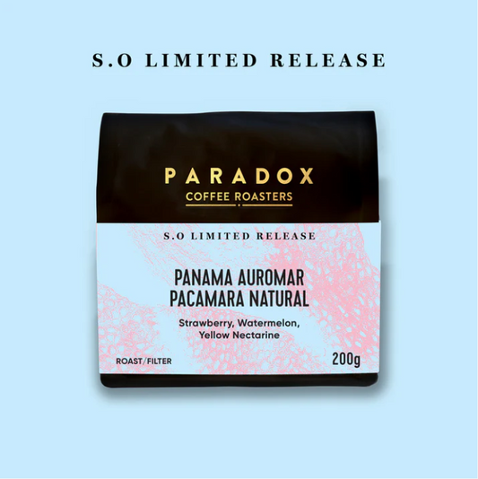 Paradox Coffee Roasters Panama Auromar Pacamara Natural coffee package on a light blue background