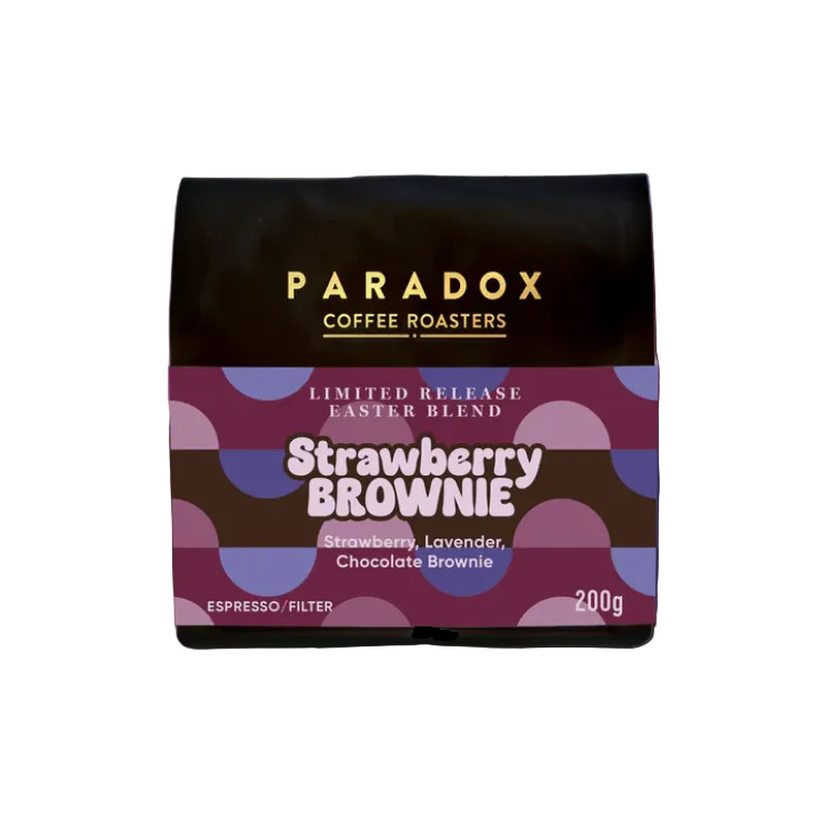 Paradox Coffee Roasters Strawberry Brownie coffee blend packaging on a white background