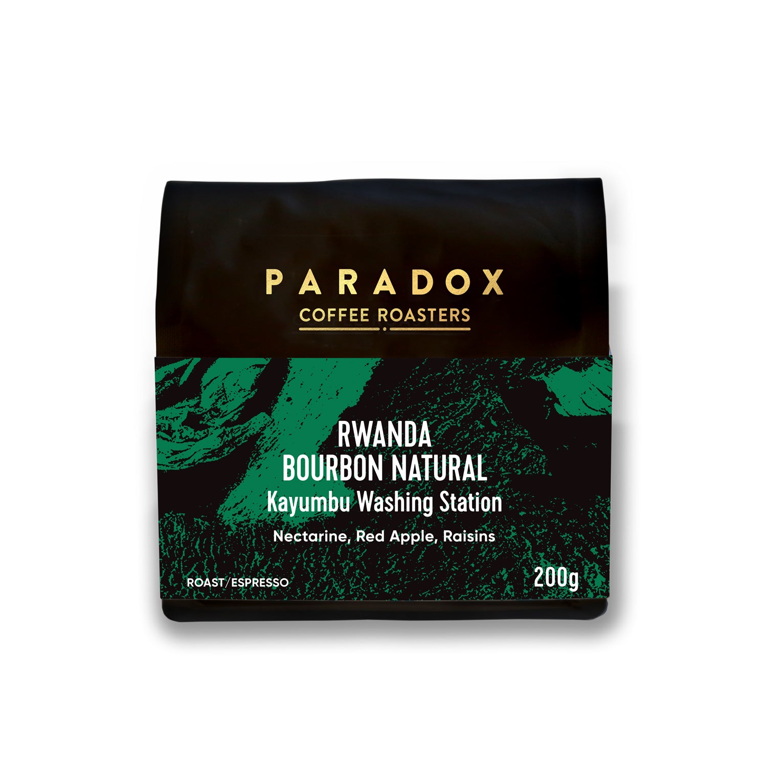 Roasted coffee beans from The Roast Collective. Paradox Coffee Roasters, Rwanda Bourbon Natural from Kayumbu Station. Image shows a black 200g bag of the coffee against a white background. The bag has Paradox's logo centred at the top of the bag in gold coloured print and a forest green coloured label centred on the lower half of the bag with the product name, tasting notes, roast profile and weight on it.