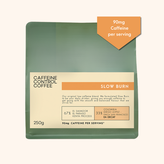 Bag of Slow Burn coffee blend with caffeine reference